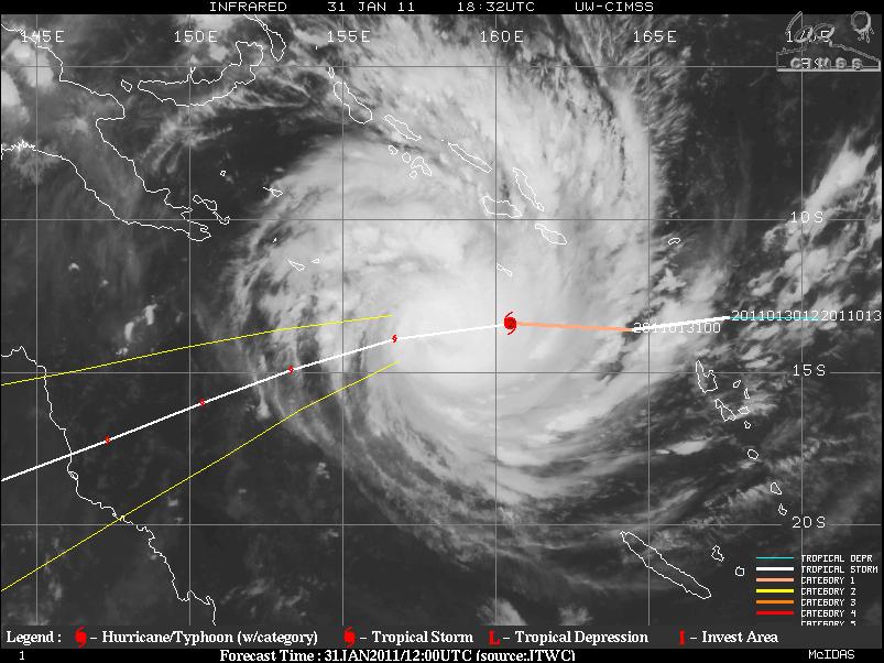 Satellite Image Cyclone Yasi. Yasi is moving westward at 25